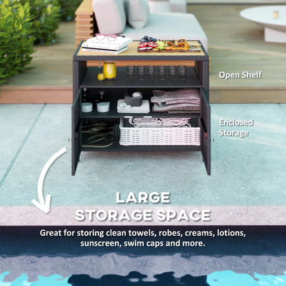 Outsunny Rattan Outdoor Storage Cabinet, Wicker Bar Table with Acacia Wood Countertop, Two Doors, Shelf, for Garden, Patio, Backyard, Black
