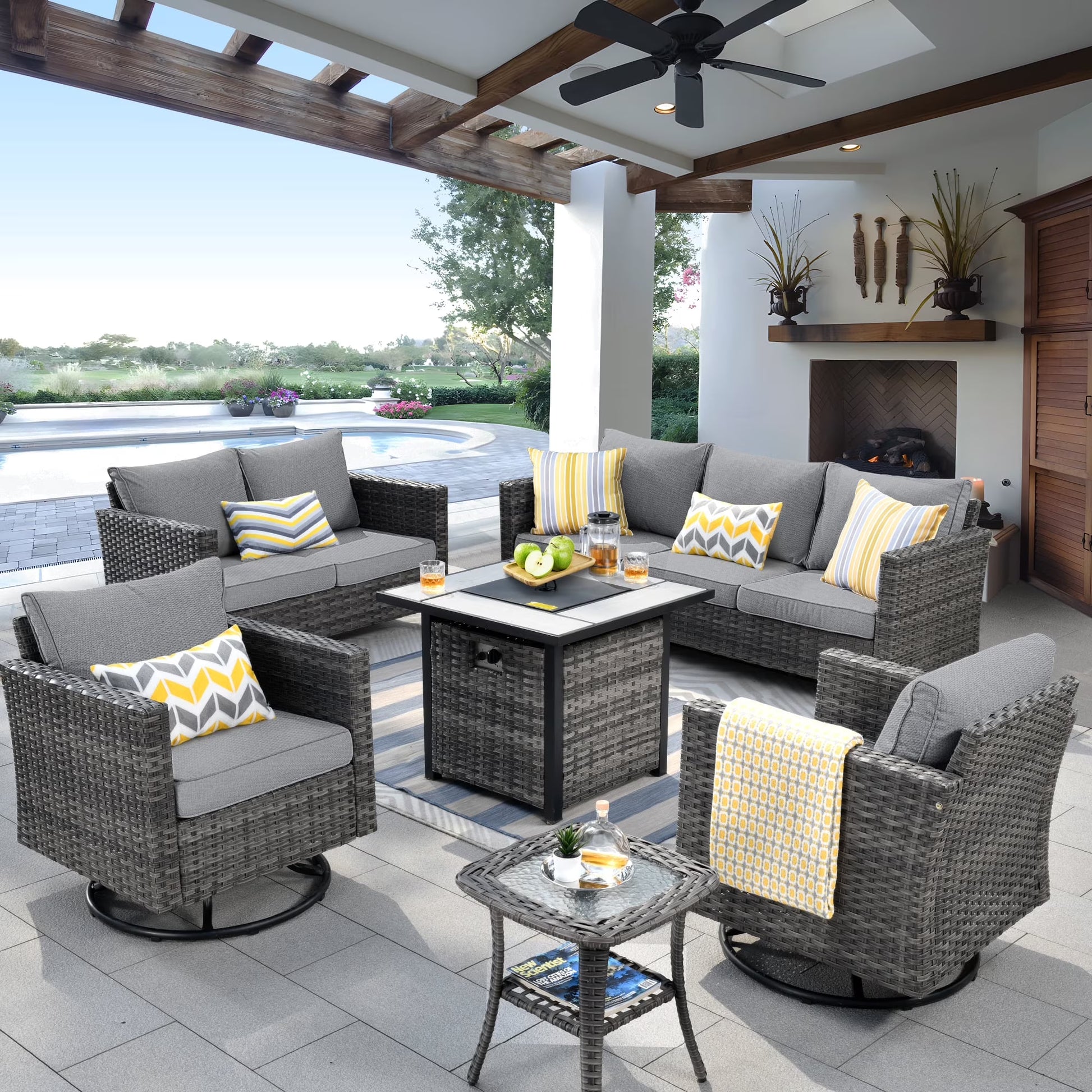Ovios 6 Pieces Outdoor Patio Furniture Set with Gas Propane Fire Pit Table Wicker Outdoor Conversation Set with Swivel Rocking Chair for Backyard, Cushion Beige