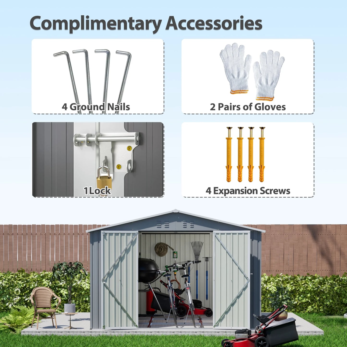 LZBEITEM 10 x 10 ft Outdoor Storage Shed with Floor Frame Kit, Galvanized Steel Garden Sheds, Garden Tool Shed with Double Lockable Doors for Backyard Patio Lawn, Grey