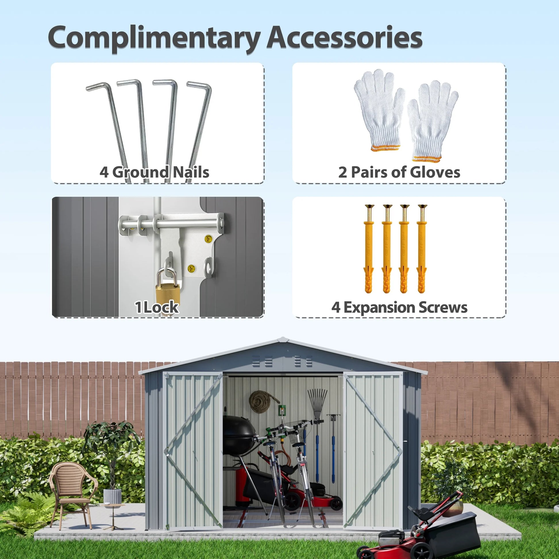 LZBEITEM 10 x 10 ft Outdoor Storage Shed with Floor Frame Kit, Galvanized Steel Garden Sheds, Garden Tool Shed with Double Lockable Doors for Backyard Patio Lawn, Grey