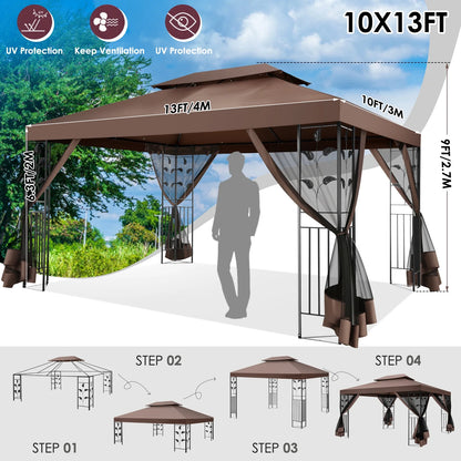 SANOPY 10'x13.3' Metal Patio Gazebo, Outdoor Gazebo Canopy Tent for Backyard with Mesh Curtains, Gazebos Shelter with Display Shelves, Steel Frame, Patio Covers for Tailgate