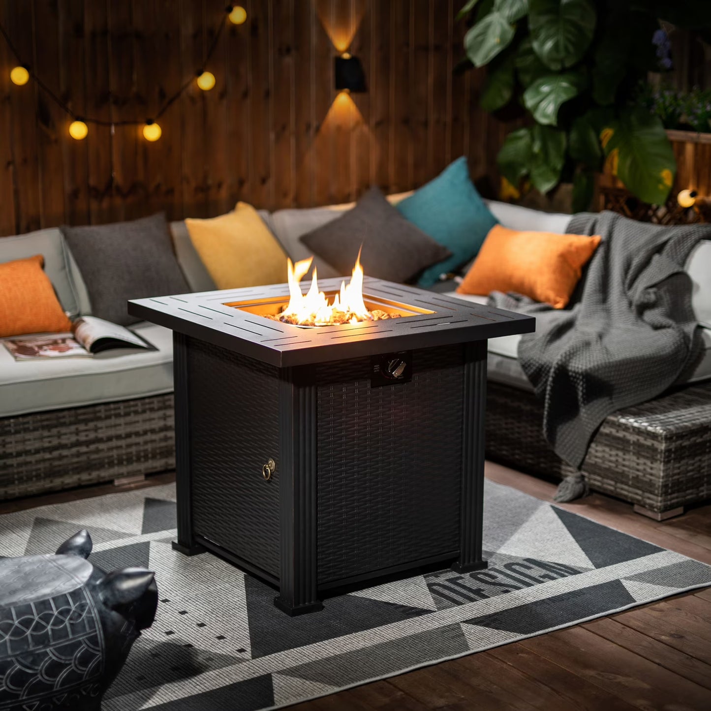FEOYA Propane Fire Pit Table Firepit Outdoor Patio Fireplace Steel Gas Fire Pit Square Fire Pit Table 40000BTU Gas Regulator with Cap Lava Rock Hose for Dinning Outside Garden Backyard Heating