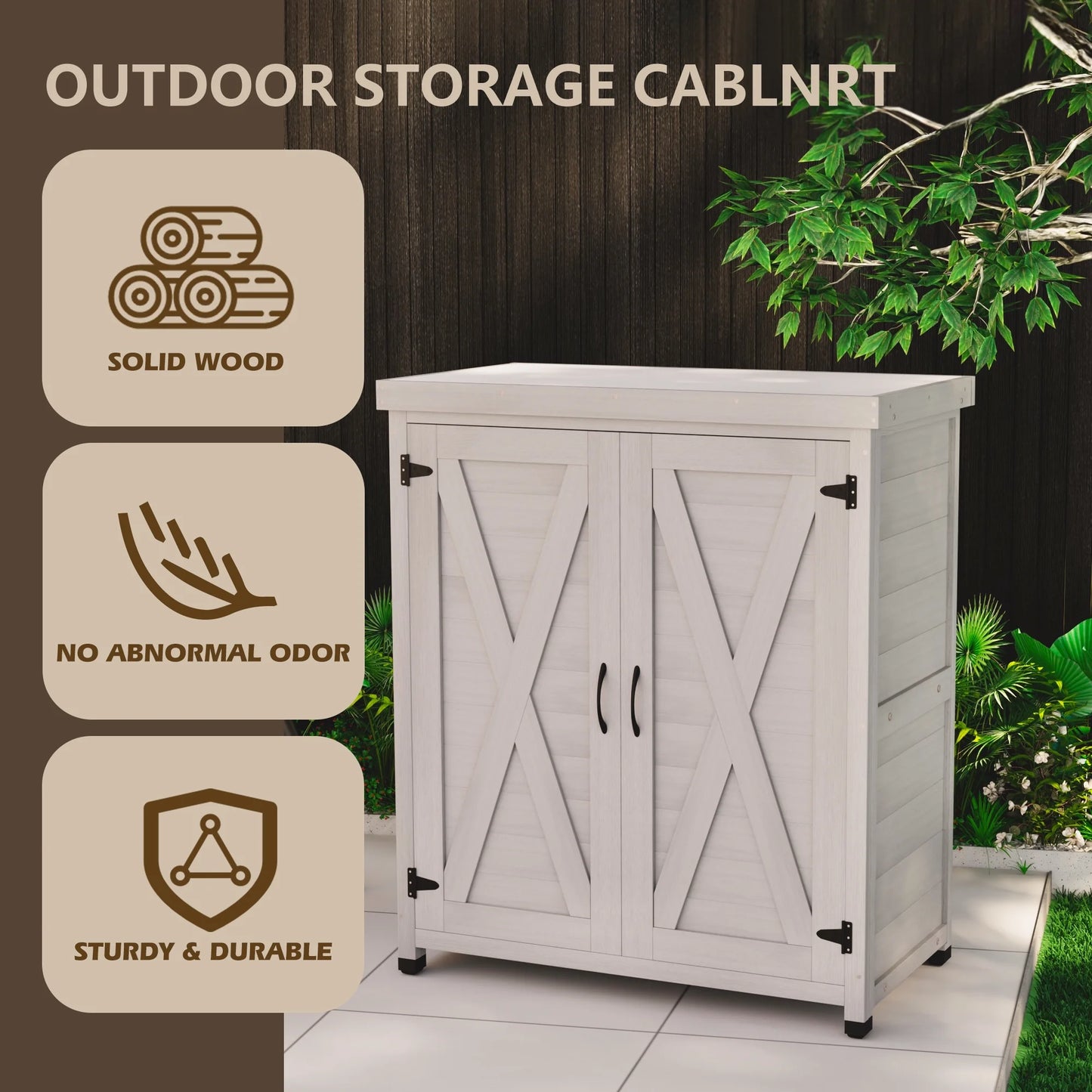 Tcbosik Outdoor Storage Cabinet & Potting Bench Table, Wooden Patio Furniture with Metal Top, Garden Workstation for Backyard, Lawn, Deck, Balcony, Gray
