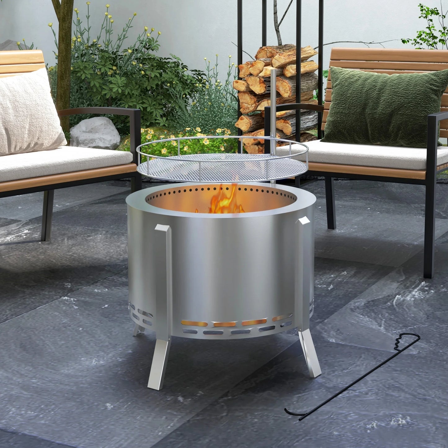 BBQ Utensils Outsunny 2-in-1 Smokeless Fire Pit, BBQ Grill, 19" Portable Wood Burning Firepit with Cooking Grate and Poker, Low Smoke Camping Bonfire Stove for Backyard Patio Picnic, Stainless Steel,