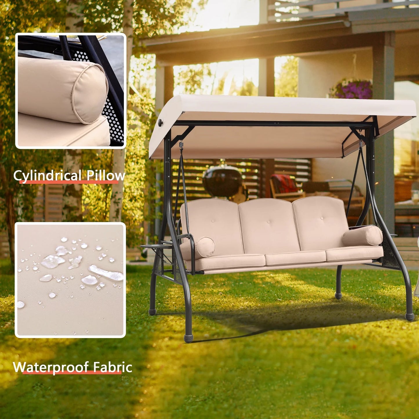 NOBLEMOOD 3-Seat Patio Porch Swing with Adjustable Canopy, Thickened Cushion & Foldable Tray, Red