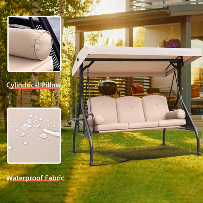 NOBLEMOOD 3-Seat Patio Porch Swing with Adjustable Canopy, Thickened Cushion & Foldable Tray, Red