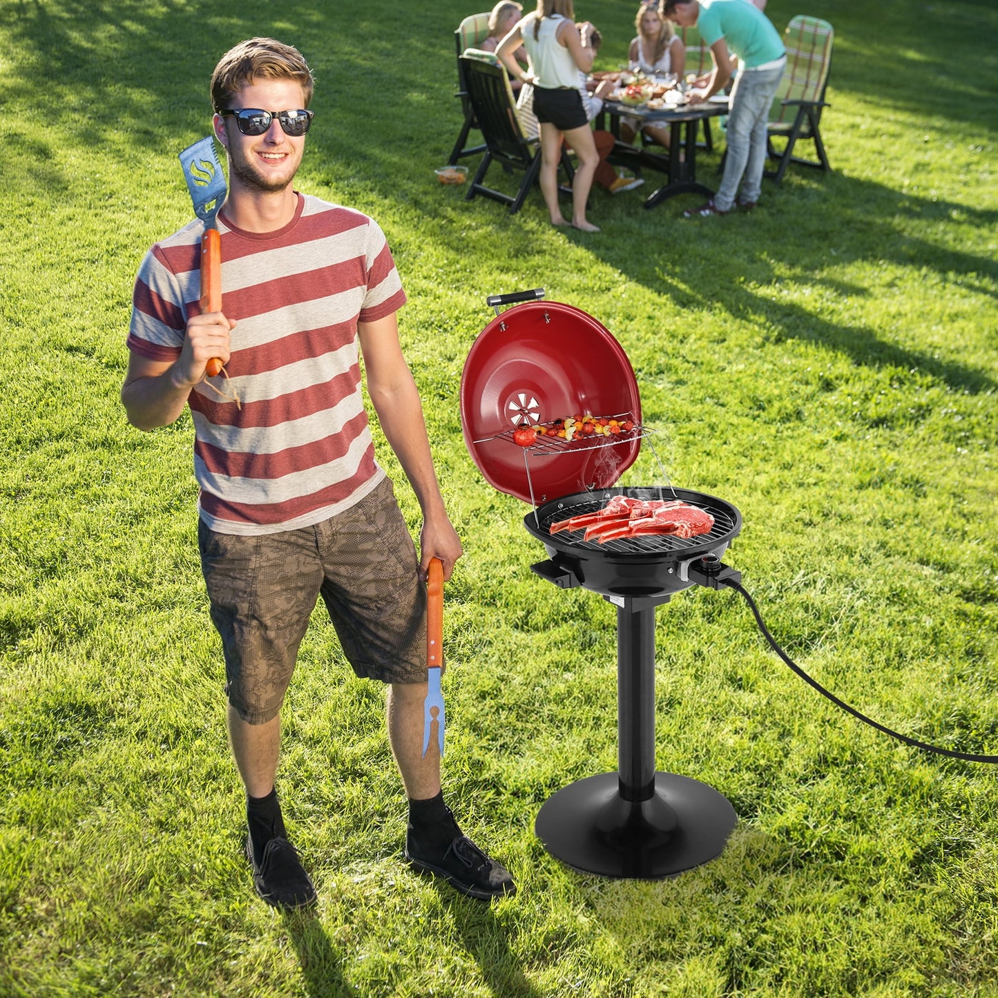 1600W Double Layer Electric BBQ Grill with Stand, Portable Indoor Outdoor Grill for Patio Balcony Camping, Non-Stick Red Grill