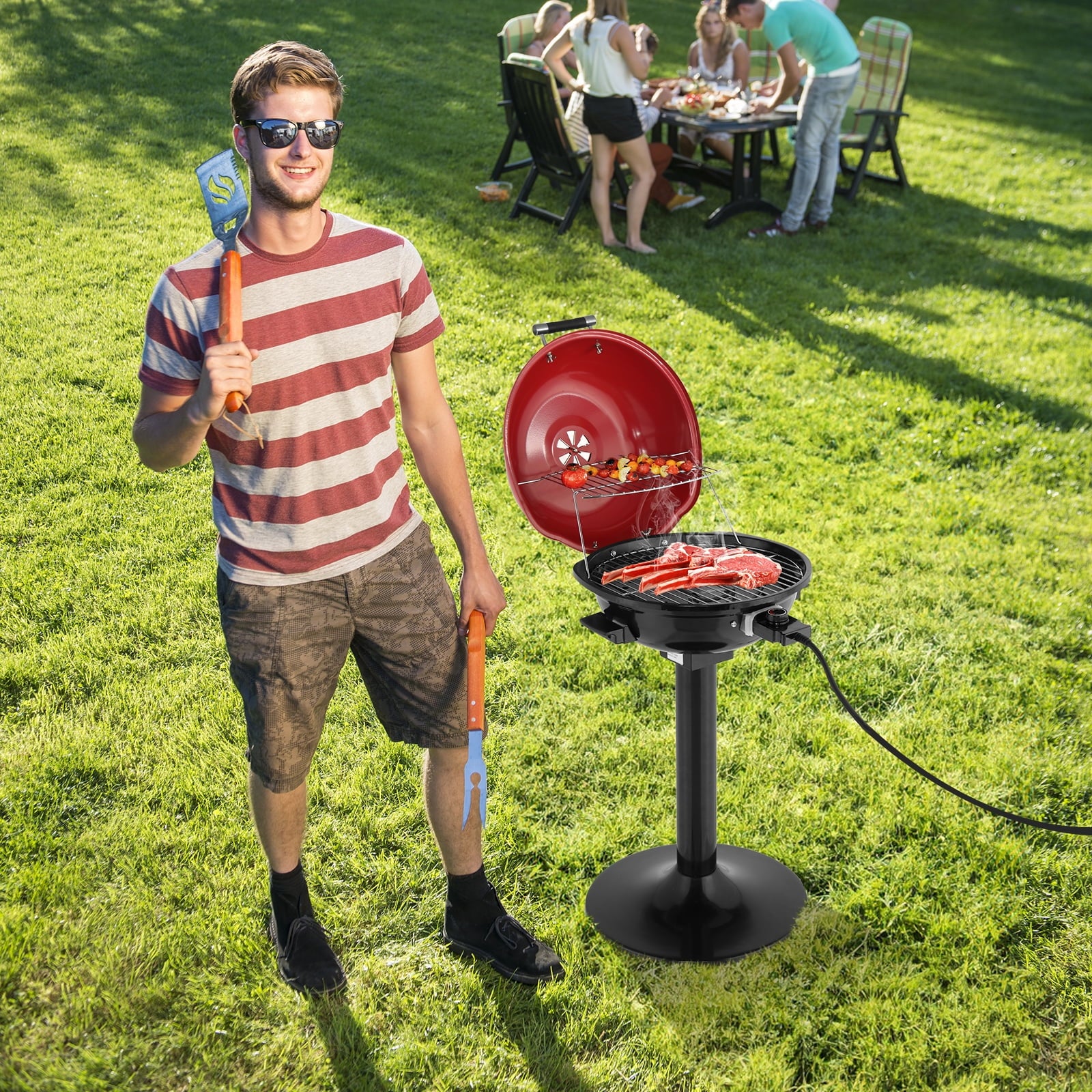 1600W Double Layer Electric BBQ Grill with Stand, Portable Indoor Outdoor Grill for Patio Balcony Camping, Non-Stick Red Grill