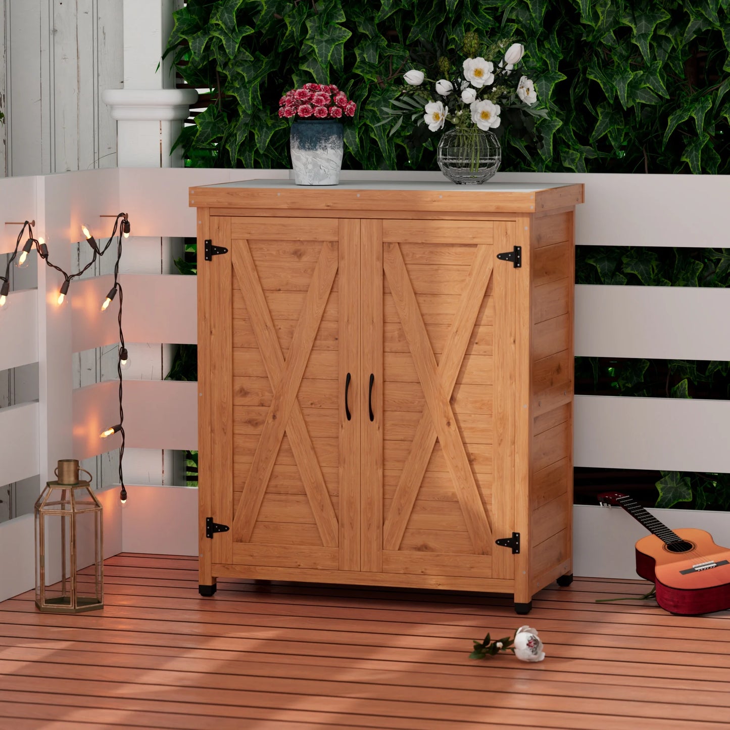 Durable Cedar Potting Bench w/Storage Cabinet & Metal Top - 31" Gray Outdoor Work Station for Patio, Balcony, Garden - Weather-Resistant, Stable X-Design