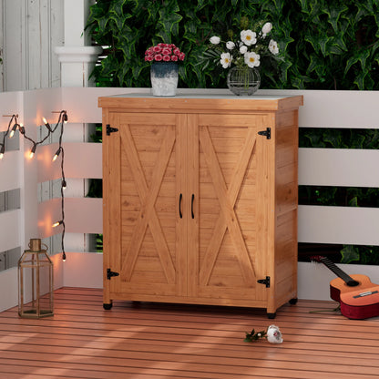 Durable Cedar Potting Bench w/Storage Cabinet & Metal Top - 31" Gray Outdoor Work Station for Patio, Balcony, Garden - Weather-Resistant, Stable X-Design