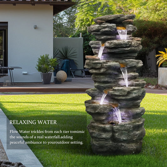 Willwolf Outdoor Water Fountain with LED Lights, 6-Tiered Electric Resin Waterfall for Garden Patio Lawn Yard and Porch