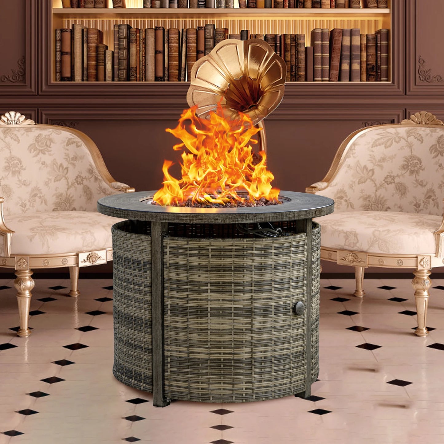 MistMo 32 Inch Round Propane Fire Pit Table with Lid, 50,000 BTU Outdoor Wicker Gas Fire Pit with Lava Rocks, Perfect for Patio, Yard, Dining, and Party