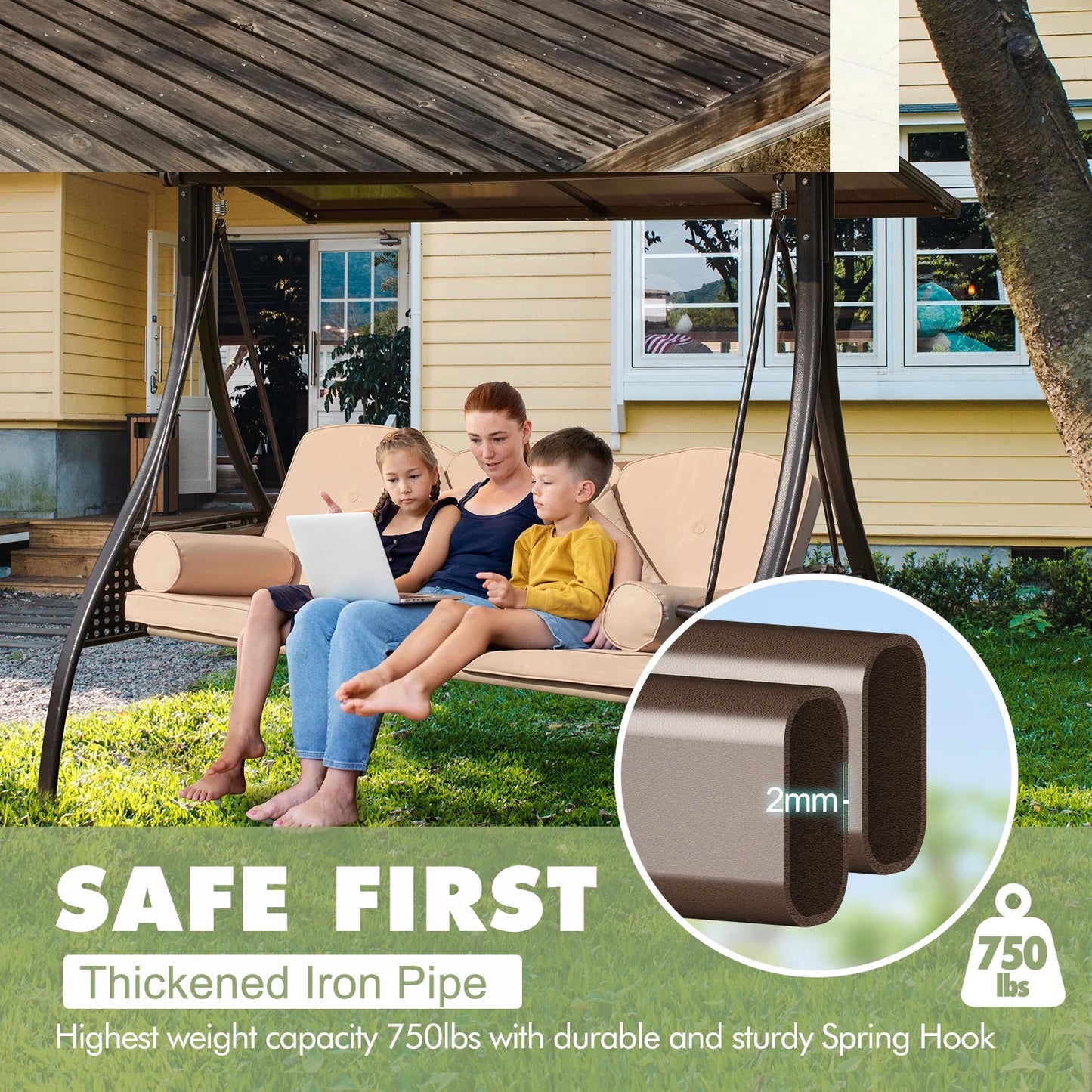 3-Seat Patio Porch Swing with Adjustable Hardtop,3 in 1 Convertible Outdoor Porch Swing for Adults,Patio Swing with Thicken Cushion,Pillows & Cup Holders for Porch,Backyard,Garden (Wine Red)