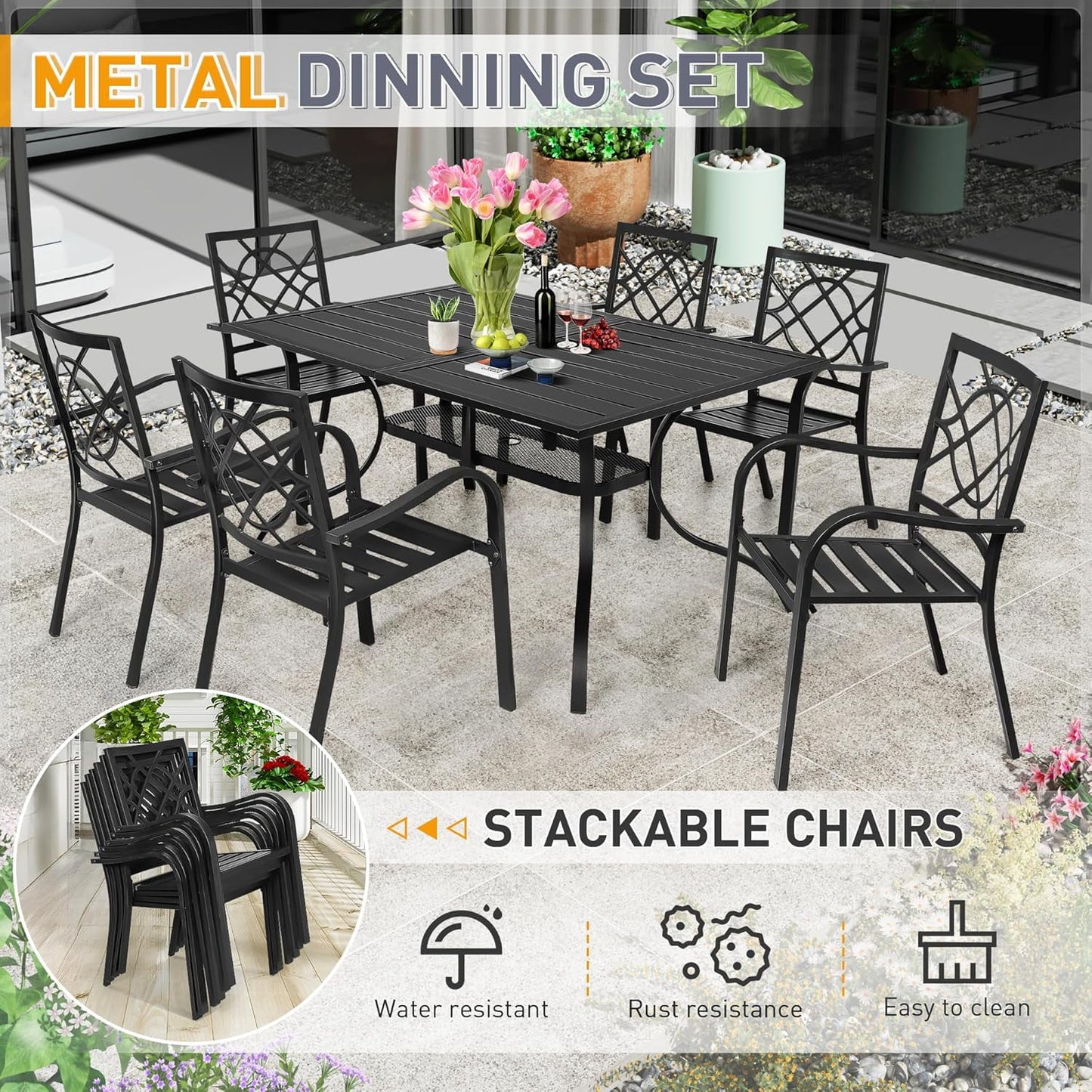 SUNCROWN 7-Piece Outdoor Wrought Iron Chairs and Table Patio Dining Furniture Set - 6 Stackable Metal Chairs, 1 Steel Slat Bistro Table and 1 Brown 9Ft Patio Umbrella for Garden Backyard Deck