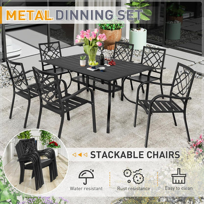 SUNCROWN 7-Piece Outdoor Wrought Iron Chairs and Table Patio Dining Furniture Set - 6 Stackable Metal Chairs, 1 Steel Slat Bistro Table and 1 Brown 9Ft Patio Umbrella for Garden Backyard Deck