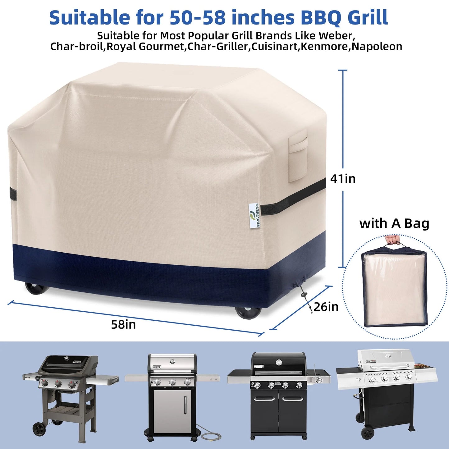 Firstness Patio BBQ Grill Covers 58 inch,600D Heavy-Duty Waterproof Outdoor Gas Grill Cover for Weber Char-Broil Nexgrill and More Grills,58" x 26" x 41"( Beige & Navy)