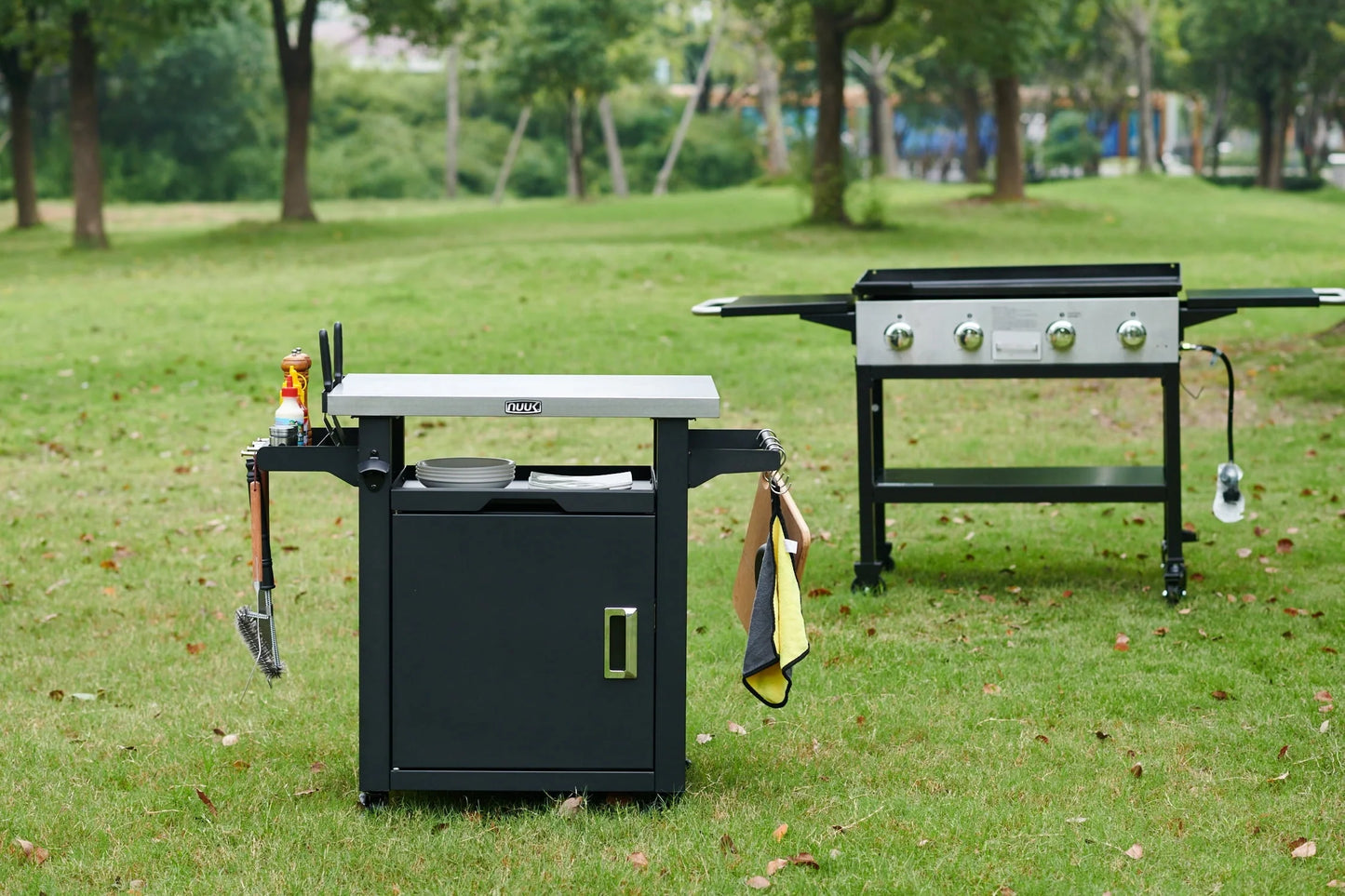 Deluxe 30IN Outdoor Rolling Grill Cook Station, Bar Table with Patio Storage Cabinet and Outdoor Dining Table, Black