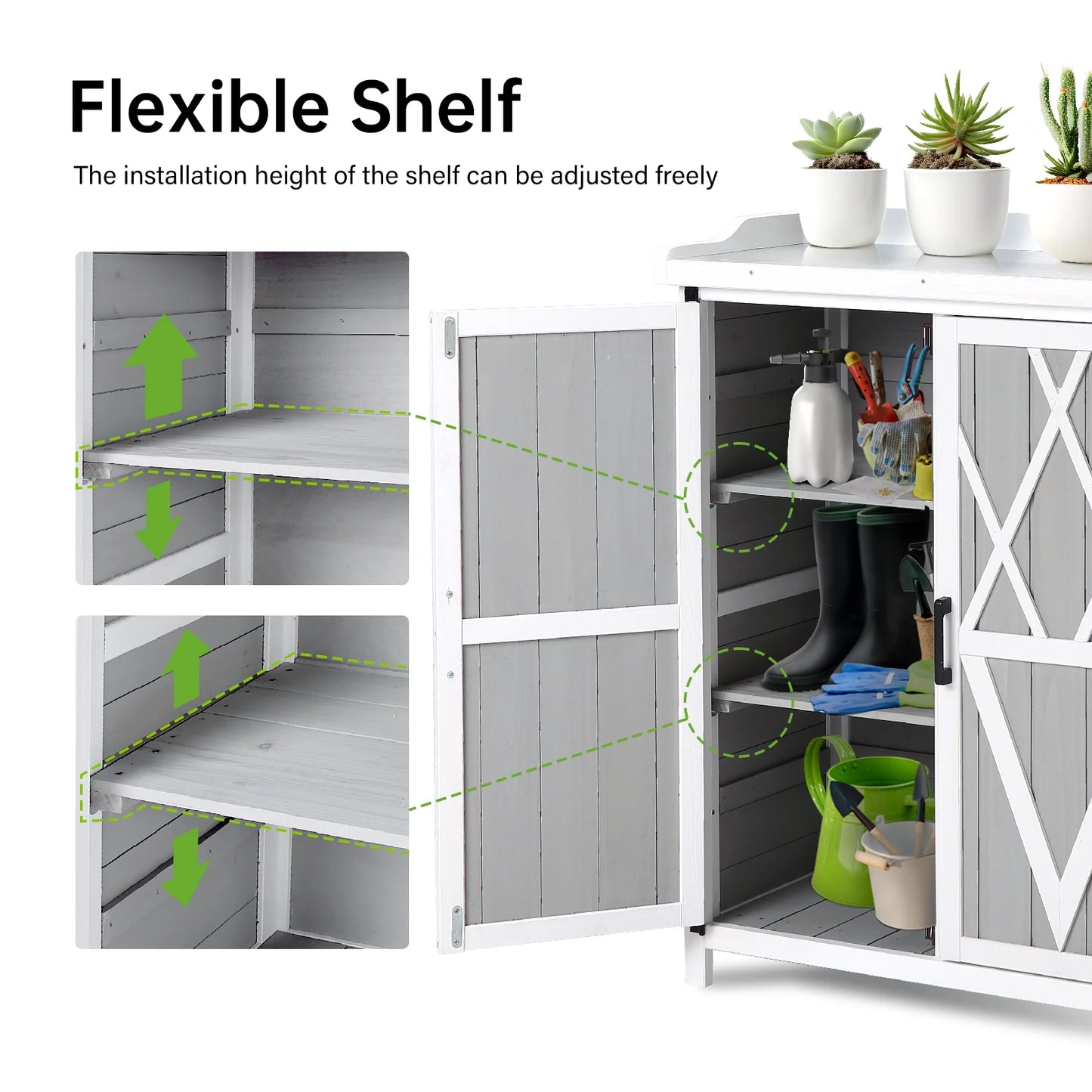 AOILE Potting Bench Outdoor Cabinet with Metal Tabletop Wooden Storage Cabinets Weatherproof for Outside Planting Work Benches with Adjustable Shelf and Doors for Garden Patio Lawn
