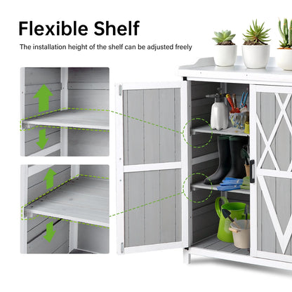 AOILE Potting Bench Outdoor Cabinet with Metal Tabletop Wooden Storage Cabinets Weatherproof for Outside Planting Work Benches with Adjustable Shelf and Doors for Garden Patio Lawn