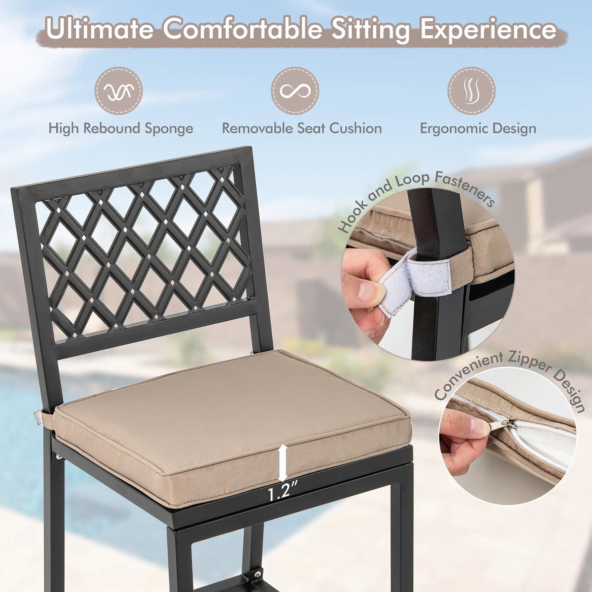 Costway Set of 2 Outdoor Bar Height Dining Chairs Patio Metal Bar Stools with Cushion