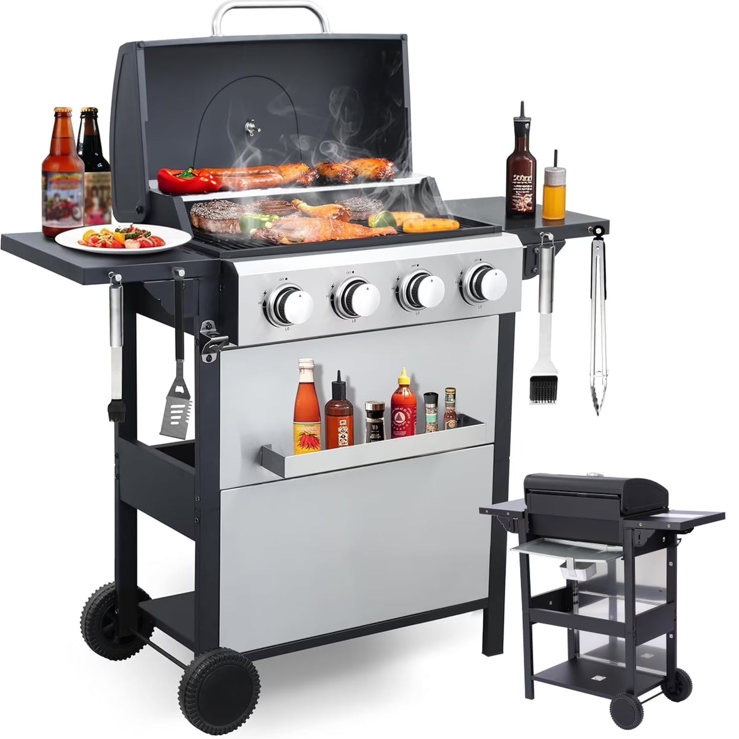 4-Burner Propane Gas BBQ Grill with Side Burner, Stainless Steel Gas Grill with Rain Cover, 40,500 BTU High-Output, Built-in Thermometer for Outdoor, Backyard, Patio BBQ Cooking