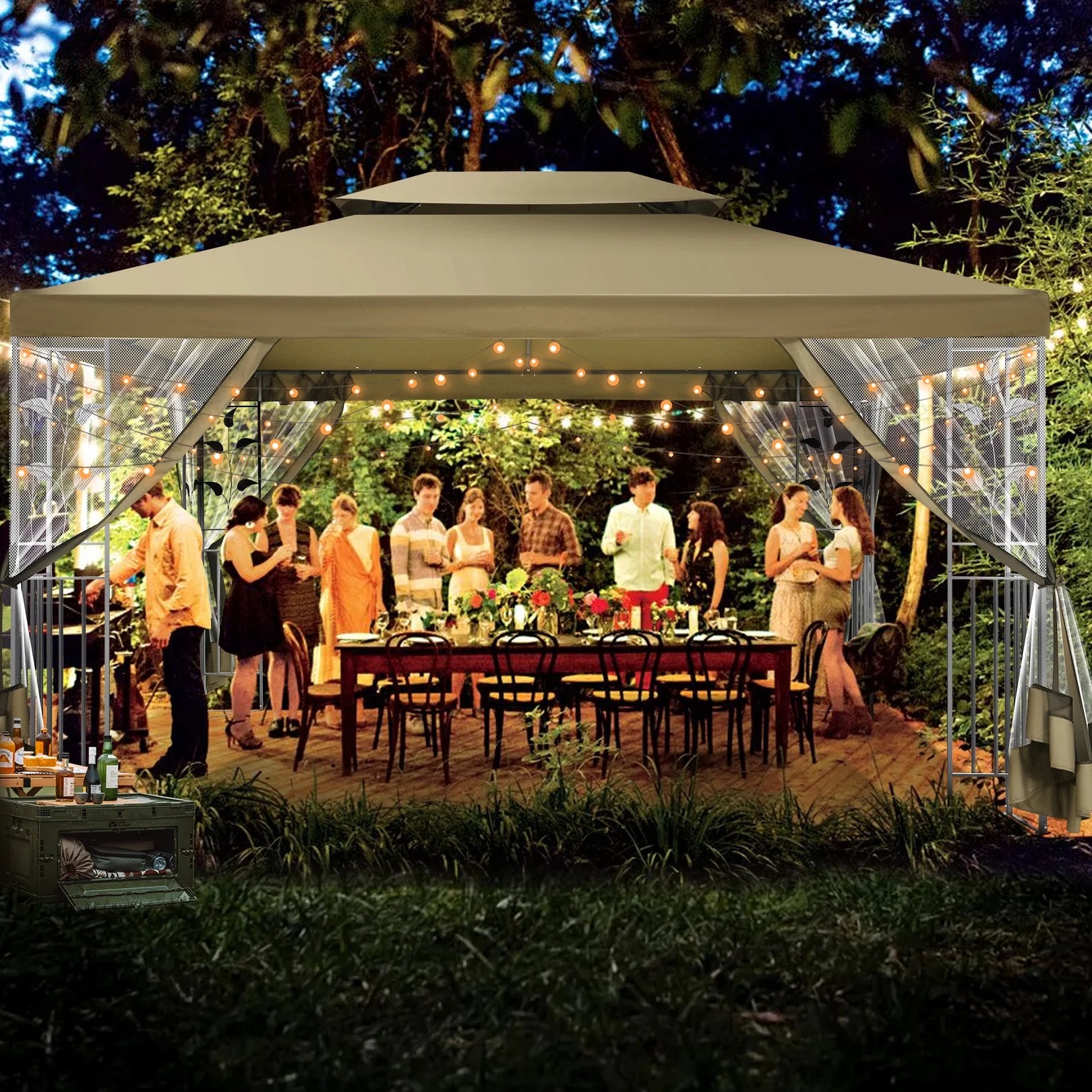 Hoteel 10'x 13' Metal Patio Gazebo, Outdoor Gazebo Canopy Tent for Backyard with Mosquito Netting, Gazebos Shelter with Steel Frame, Patio Covers for Shade and Rain, Khaki