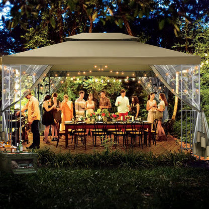 Hoteel 10'x 13' Metal Patio Gazebo, Outdoor Gazebo Canopy Tent for Backyard with Mosquito Netting, Gazebos Shelter with Steel Frame, Patio Covers for Shade and Rain, Khaki