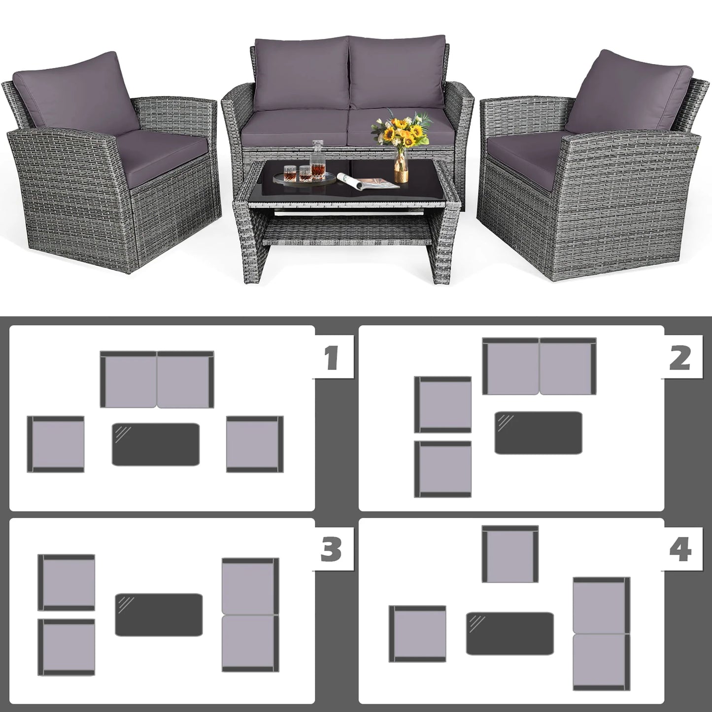 Gymax 4PCS Patio Rattan Conversation Set Outdoor Furniture Set w/Grey Cushions