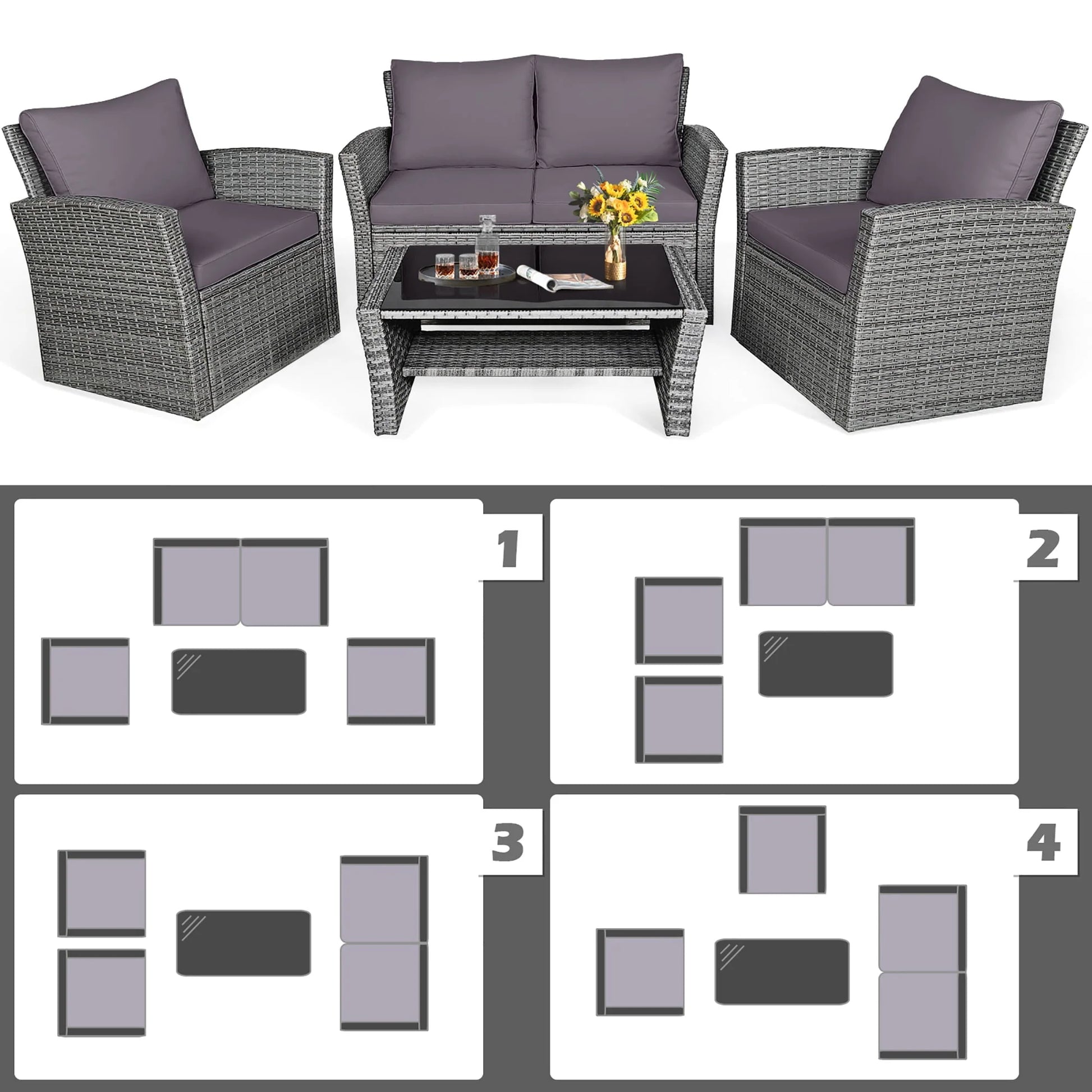 Gymax 4PCS Patio Rattan Conversation Set Outdoor Furniture Set w/Grey Cushions