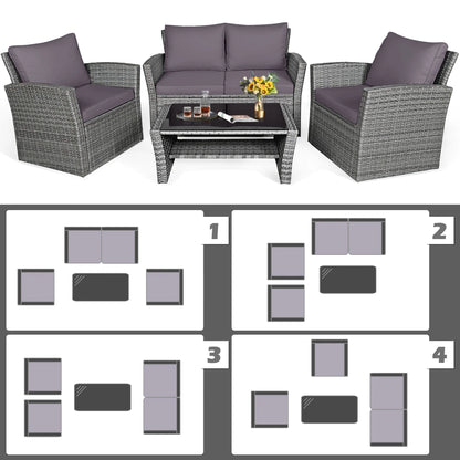 Gymax 4PCS Patio Rattan Conversation Set Outdoor Furniture Set w/Grey Cushions
