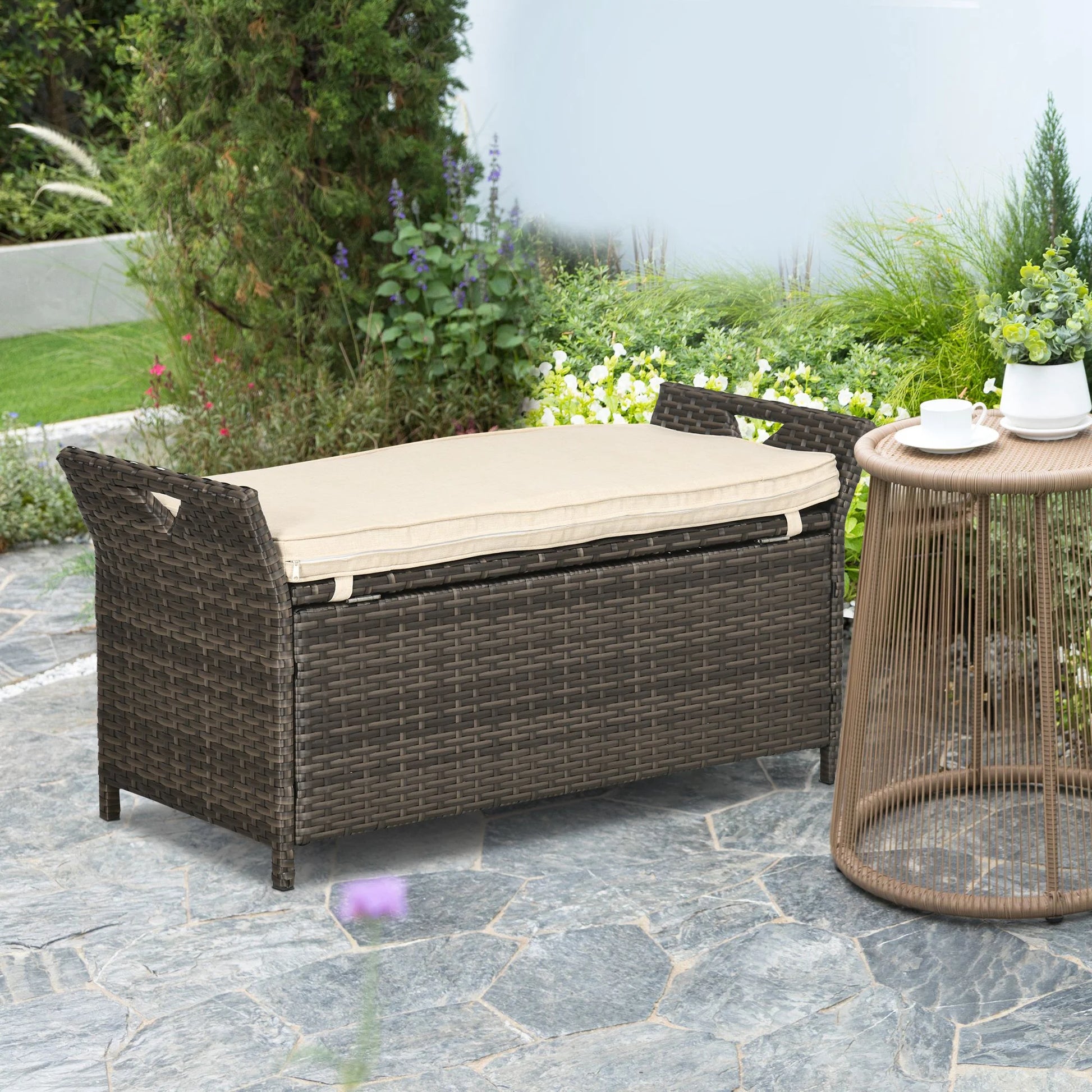 DUOSONG Outsunny 27 Gallon Patio Wicker Storage Bench, Outdoor Pe Rattan Patio Furniture, 2-In-1 Large Capacity Rectangle Garden Storage Box With Handles And Cushion, Cream White Brown+White Steel
