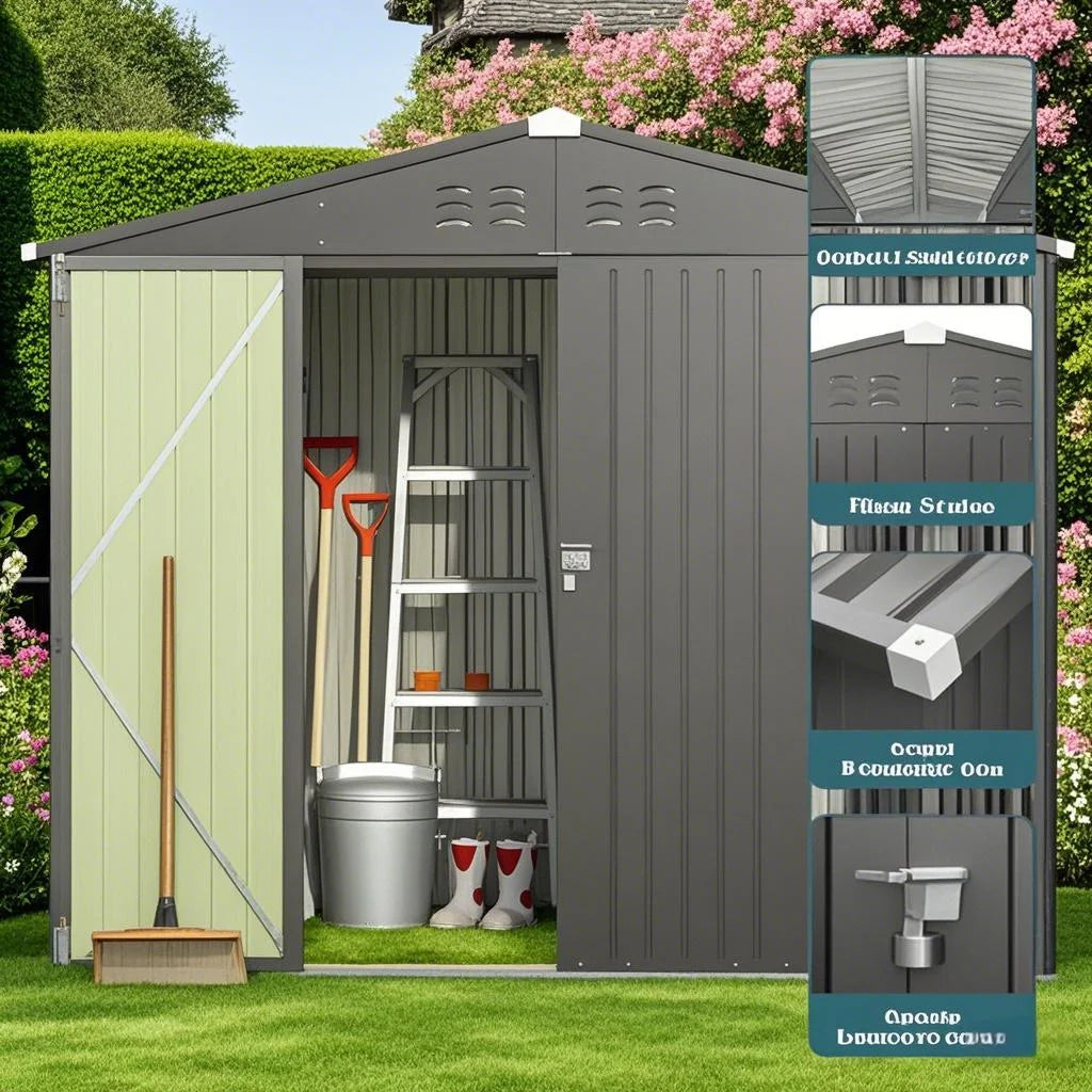 8x6 ft Outdoor Storage Shed on Sale, Sheds & Outdoor Storage with Lockable Doors, Metal Garden Shed by Durable Galvanized Steel for Patio, Lawn - Dark Gray