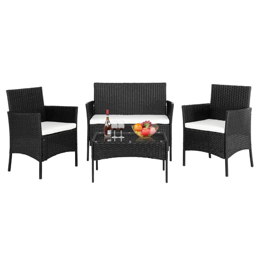 Zimtown 3 Pieces Patio Wicker Furniture, Outdoor Rattan Chat Set with Glass Table and Wicker Chairs, Brown Gradient