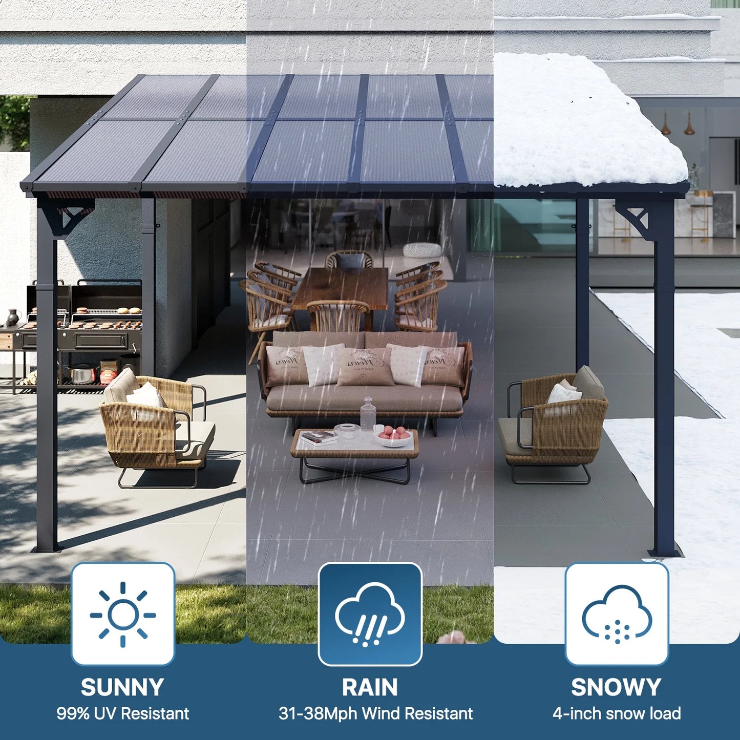 Sumnthink 10'x12' Gazebo for Patio, Gazebo Pergola with Sloped Roof, Large Wall-Mounted Heavy Duty Awnings, for Patio, Deck and Backyard