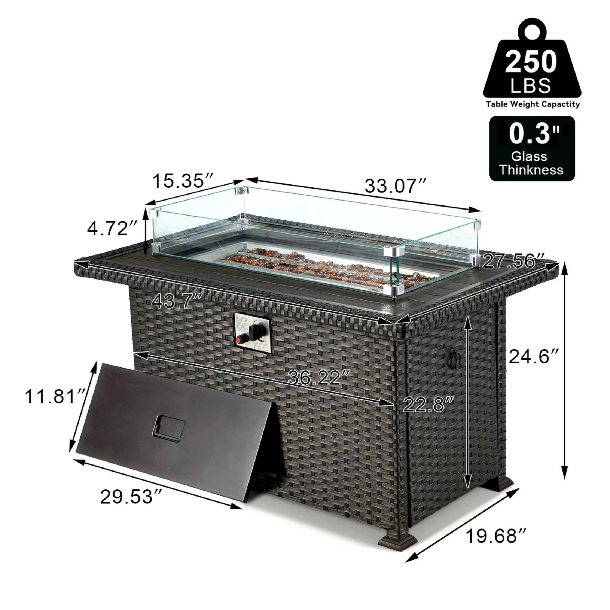 HOMREST Propane Fire Pit Table, 44 Inch 50,000 BTU Auto-Ignition Gas Fire Pit Table Rectangular/w Glass Wind Guard, Wood Plastic Composites Tabletop, CSA Certification Firepit for Outdoor Patio Lawn
