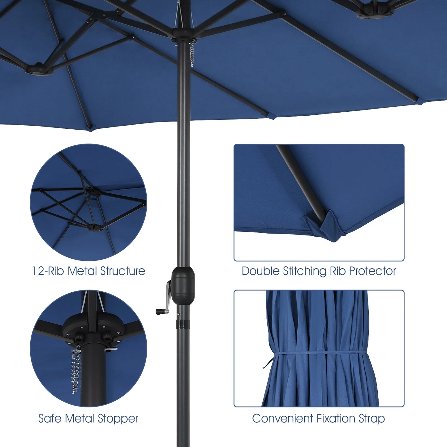 Patiojoy 15FT Double-Sided Twin Patio Umbrella Extra-Large Market Umbrella for Outdoor Navy