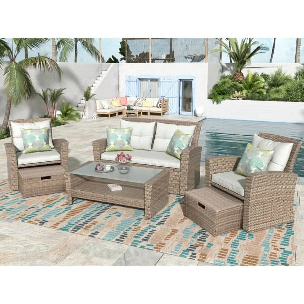 Harper & Bright Designs 4 Pieces Patio Wicker Chair with Ottoman and Coffee Table, Outdoor Rattan Loveseat Sectional Sofa Furniture Set for Garden, Beige Cushions