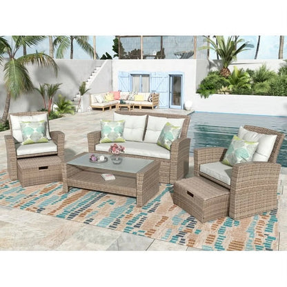 Harper & Bright Designs 4 Pieces Patio Wicker Chair with Ottoman and Coffee Table, Outdoor Rattan Loveseat Sectional Sofa Furniture Set for Garden, Beige Cushions