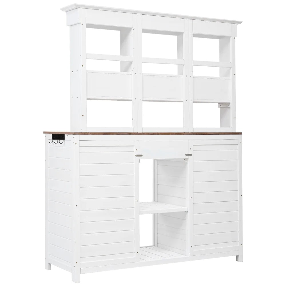 Rustic 65.7'' Tall Garden Potting Bench Table with Hutch, 3 Shelves, 6 Drawers, 2 Cabinets & 3 Side Hooks for Mudroom, Patio, 3 Color