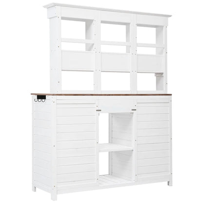 Rustic 65.7'' Tall Garden Potting Bench Table with Hutch, 3 Shelves, 6 Drawers, 2 Cabinets & 3 Side Hooks for Mudroom, Patio, 3 Color