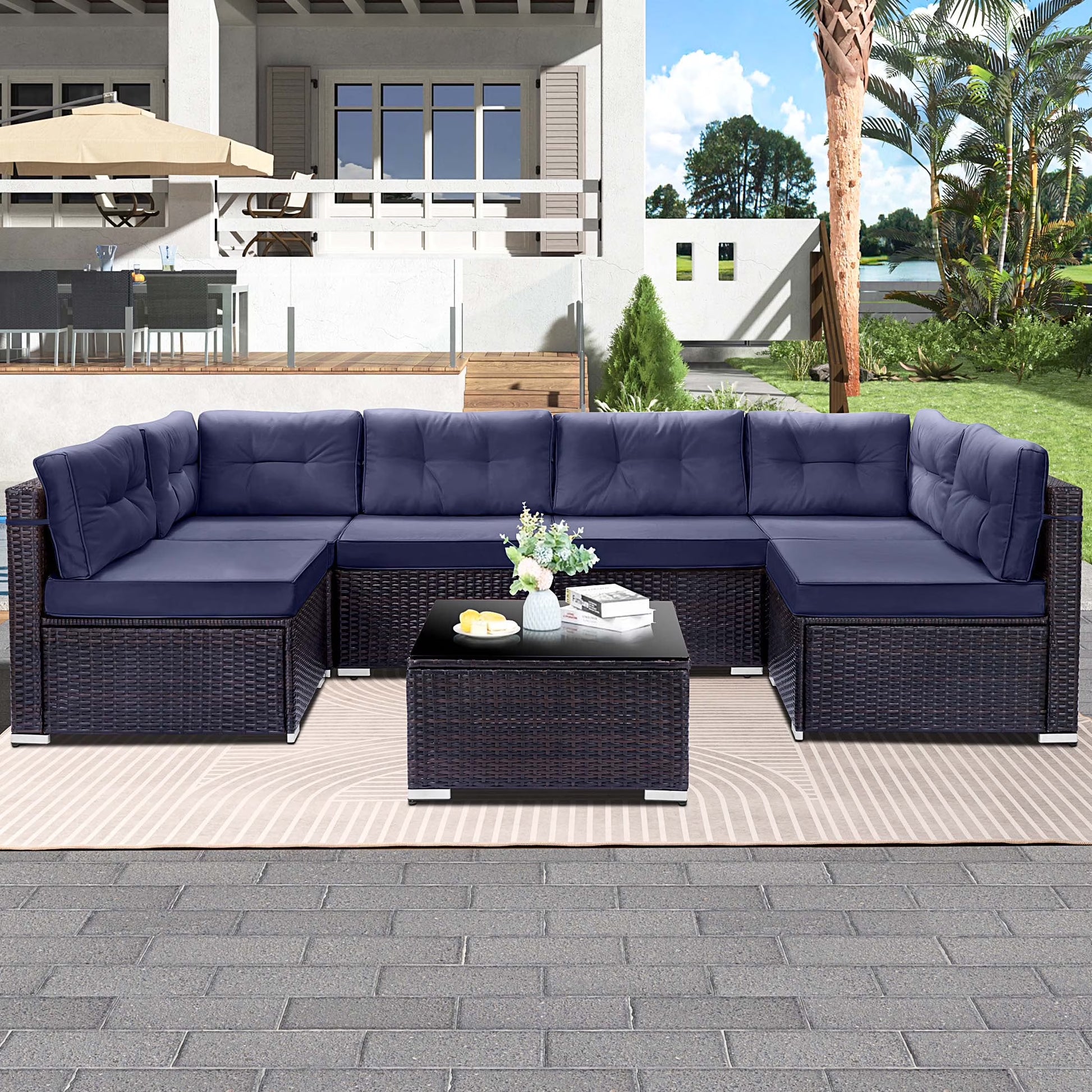 7 Piece Rattan Sectional Sofa Set, Outdoor Conversation Set, All-Weather Wicker Sectional Seating Group with Cushions & Coffee Table, Morden Furniture Couch Set for Patio Deck Garden Pool