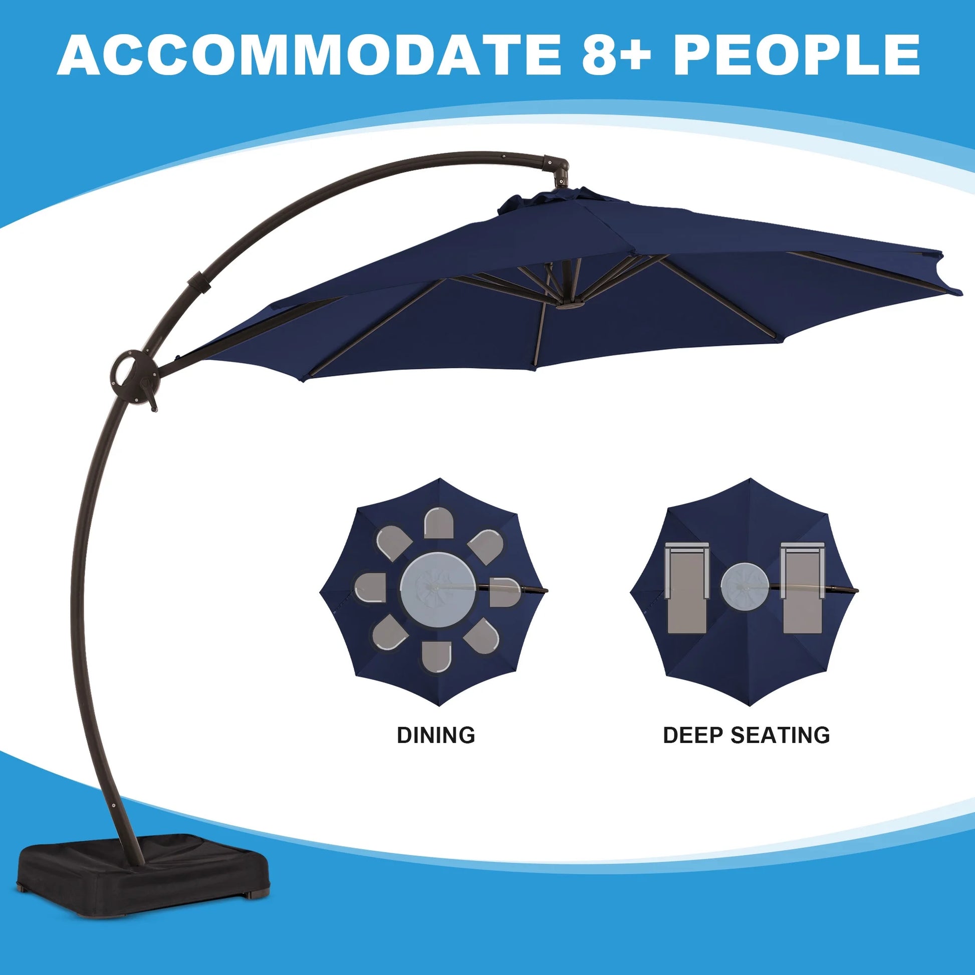 JUSTLET 10FT Arched-Pole Cantilever Hanging Patio Umbrella with baseNavy Blue