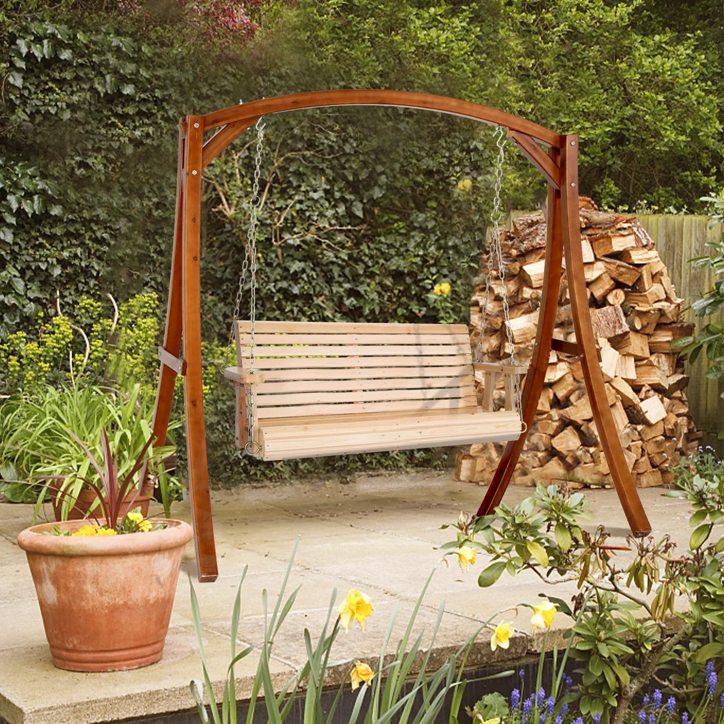 Zimtown Patio Wooden Porch Swing Swing Chair Bench Heavy Duty 880lbs with Hanging Chains for Outdoors,4 FT, Natural