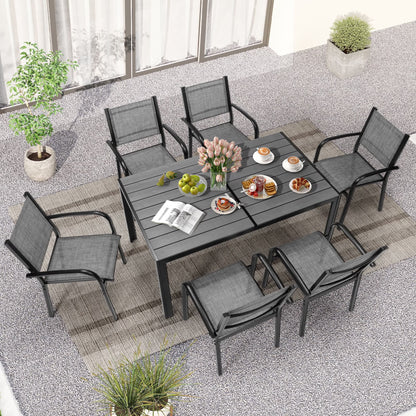 Seizeen 7-Piece Outdoor Table and Chairs, Patio Table Set with 6 Rattan Chairs, All-weather Outdoor Patio Dining Sets Rectangular Metal Table with Acacia Wood Top, Umbrella Hole, Gray