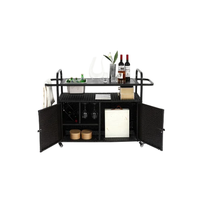 Yiweny Outdoor Rolling Wicker Bar Cart, Large Portable Outdoor Wicker Bar Table with Cabinet Storage and Glass Countertop, Patio Wicker Serving Bar Cart for Pool, Party, Backyard, Black