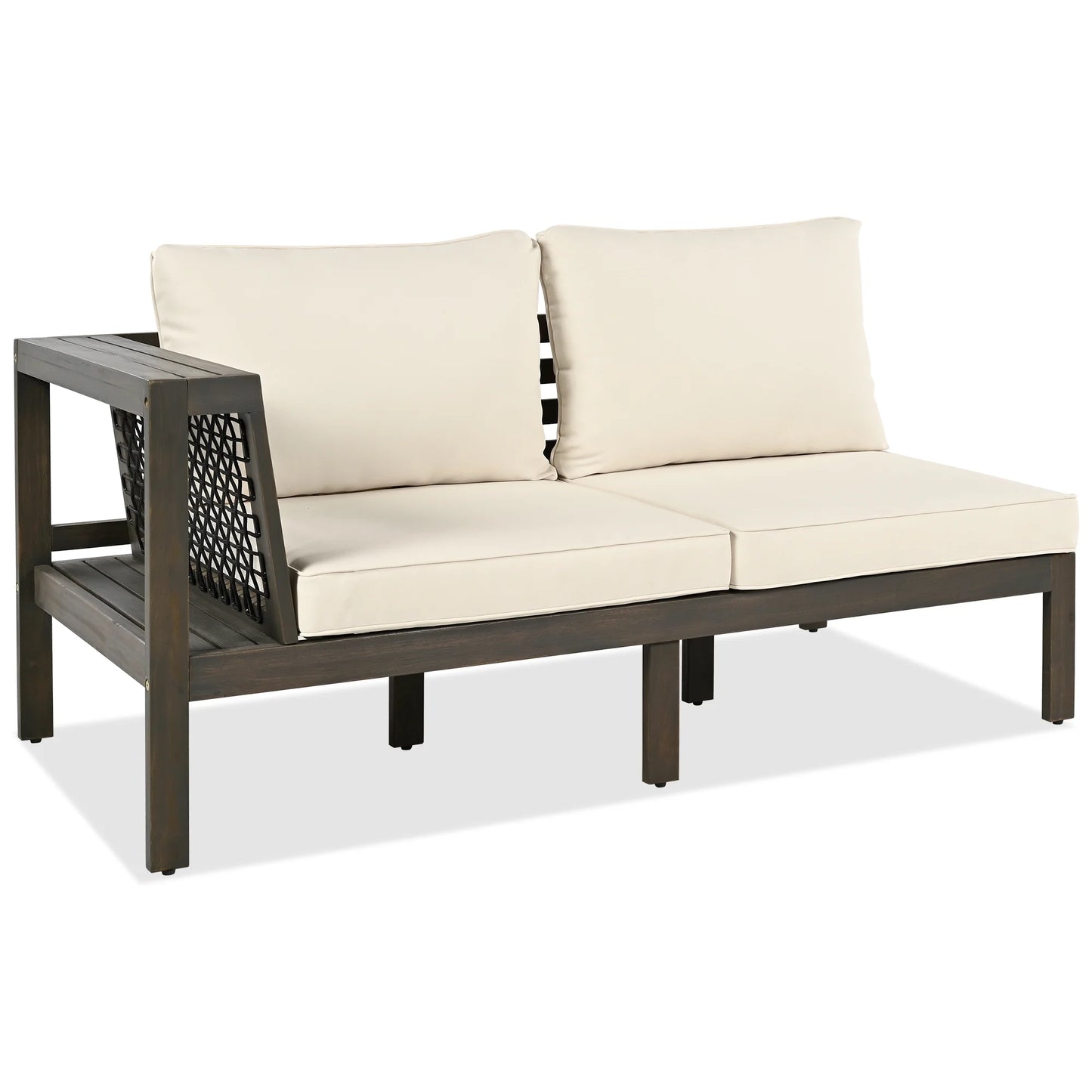 Harper & Bright Designs Patio L-Shaped Conversation Sectional Sofa Set with Coffee Table, Outdoor Acacia Wood Seating Group with Side Table for Backyard Garden, Beige, Grayish Brown