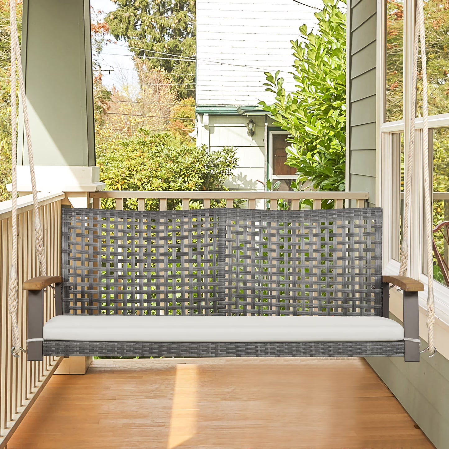 Gymax Rattan Patio Porch Swing 2-Person Cushioned Swing Chair Bench w/Hanging Ropes Off White