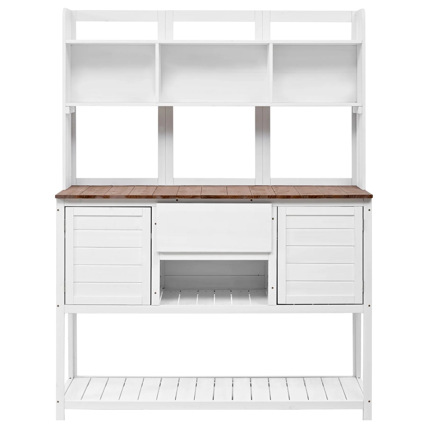 Garden Potting Bench Table with Hutch, Patio Storage Workstation with Adjustable Shelves, 1 Drawer, 2 Cabinets and 3 Side Hooks for Mudroom, Doorway, White