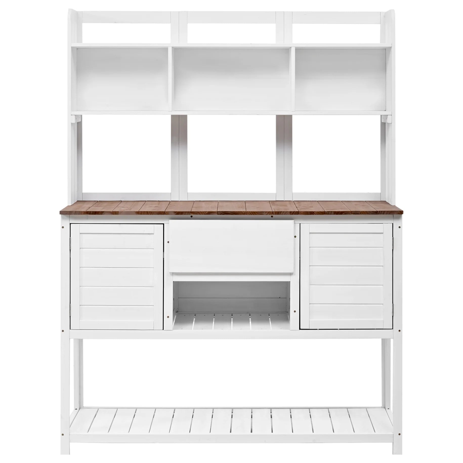 Garden Potting Bench Table with Hutch, Patio Storage Workstation with Adjustable Shelves, 1 Drawer, 2 Cabinets and 3 Side Hooks for Mudroom, Doorway, White
