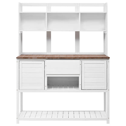 Garden Potting Bench Table with Hutch, Patio Storage Workstation with Adjustable Shelves, 1 Drawer, 2 Cabinets and 3 Side Hooks for Mudroom, Doorway, White
